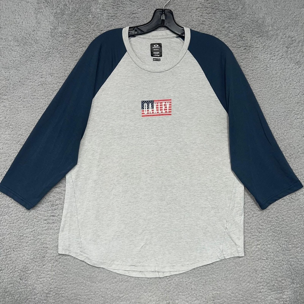 Oakley Shirt Men's 2XL XXL Gray Blue Raglan 3/4 Sleeve USA Flag Logo‎ Hydrolix